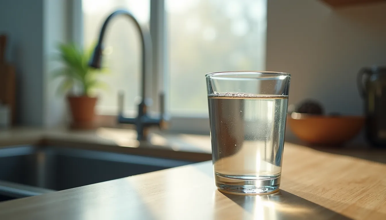 High angle view of a glass of tap water on a kitchen counter