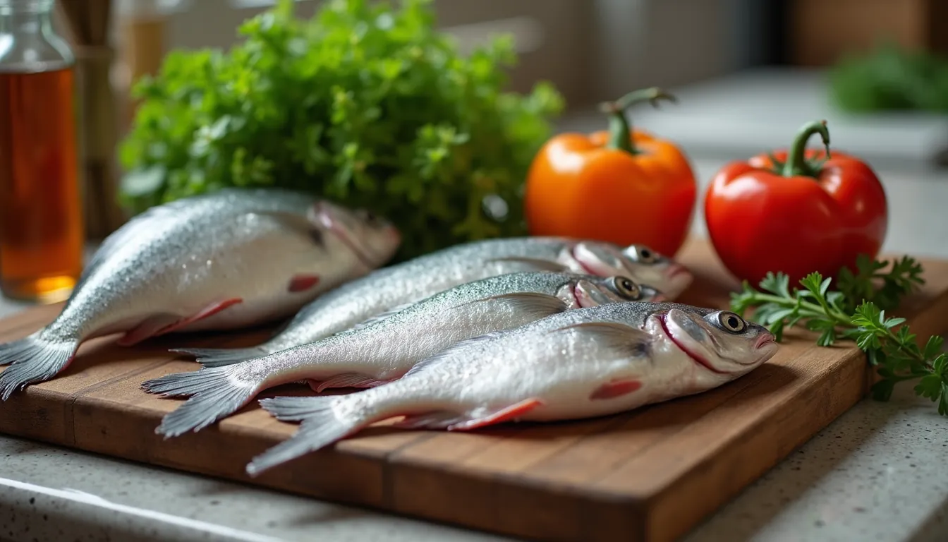 Eye-level view of fresh fish and vegetables on a kitchen table