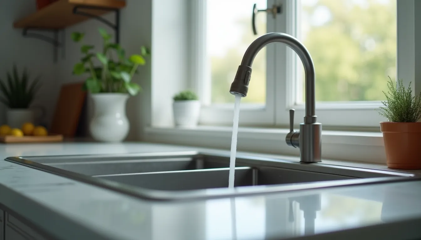 Eye-level view of a kitchen sink with a water filter attached