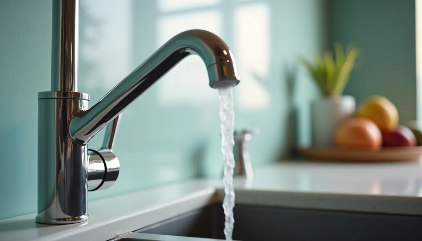 Eye-level view of a kitchen faucet with a water filter attached