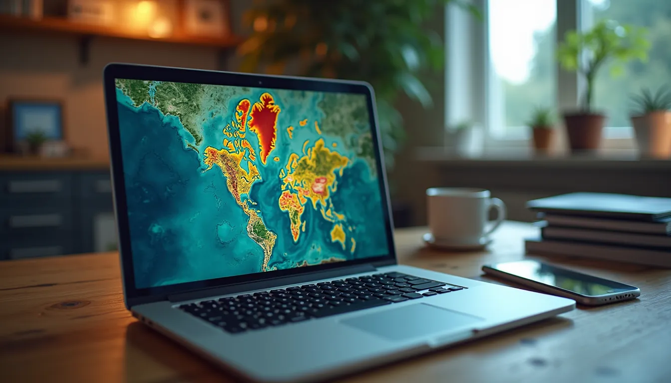 High angle view of a laptop displaying an interactive map of chemical contamination
