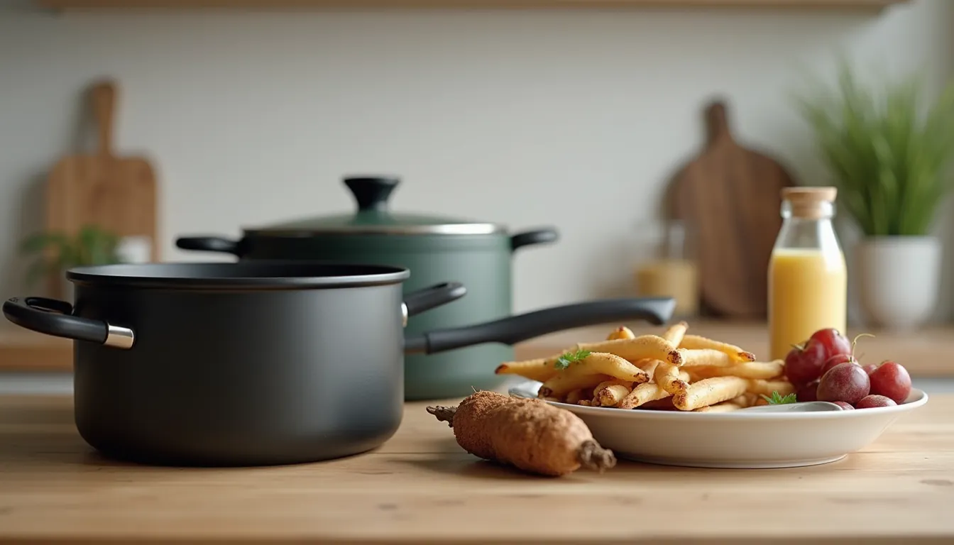 Close-up of a kitchen countertop with non-stick cookware and food packaging