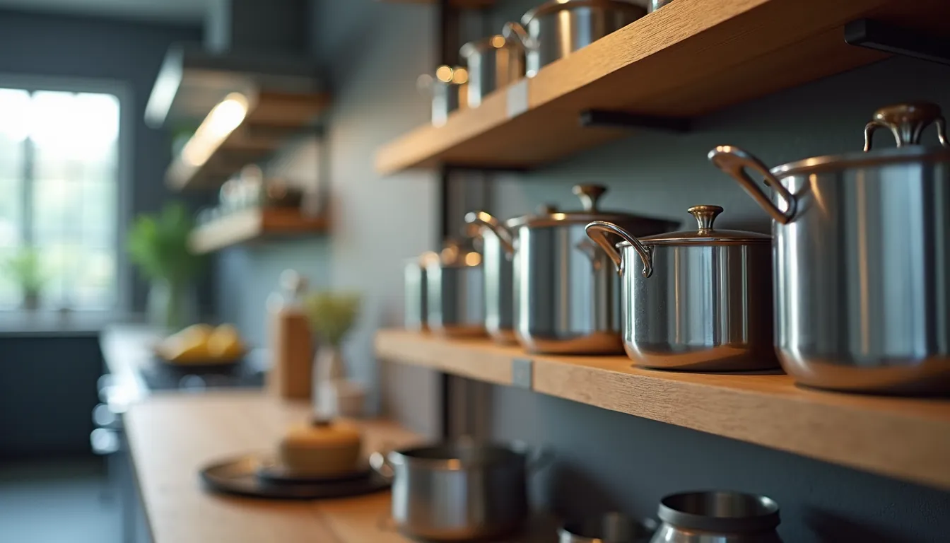 Eye-level view of kitchen shelves with stainless steel cookware