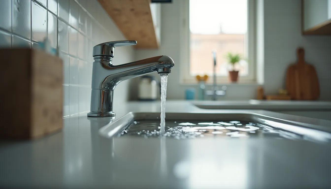 Eye-level view of kitchen sink with water filter attached