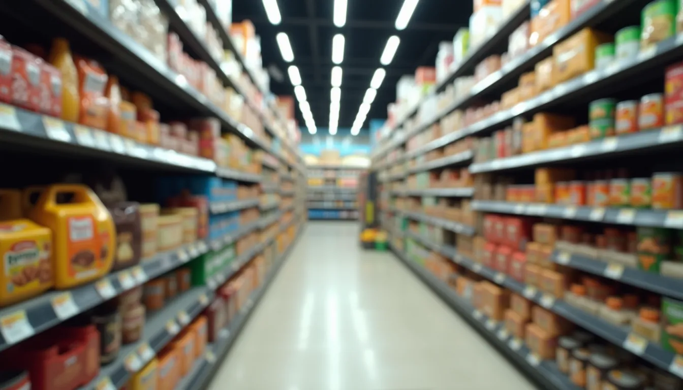 Eye-level view of a grocery store aisle with various packaged foods