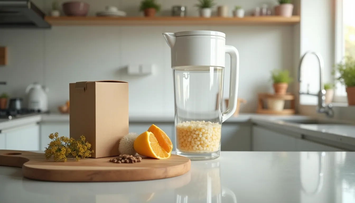 Eye-level view of a kitchen countertop with food packaging and a water filter pitcher