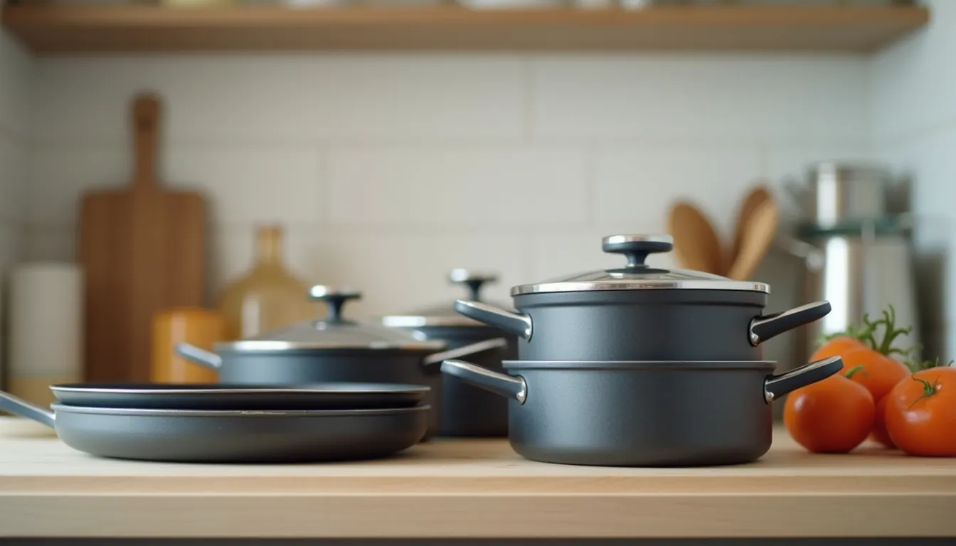 Eye-level view of a kitchen countertop with non-stick cookware and packaged food