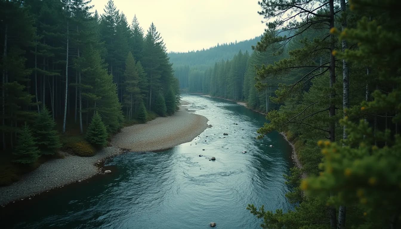 High angle view of a river flowing through a forested area
