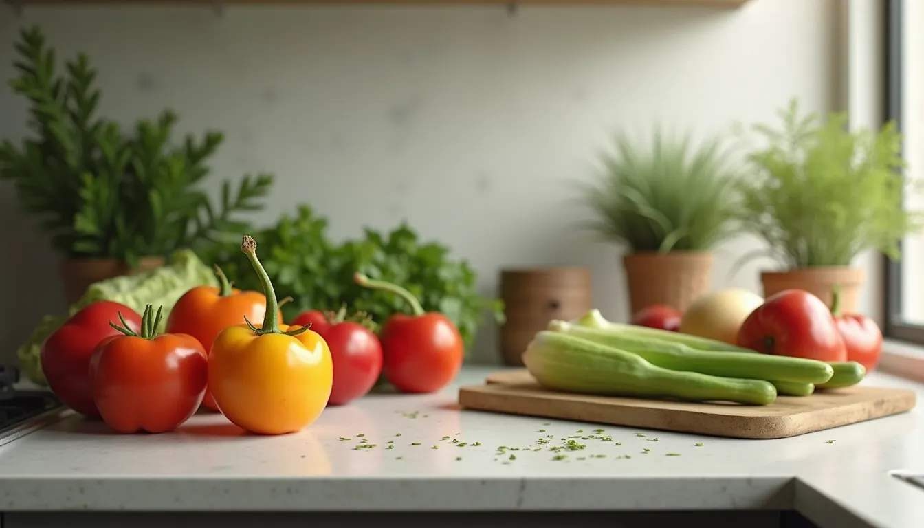 Eye-level view of a kitchen countertop with fresh fruits and vegetables